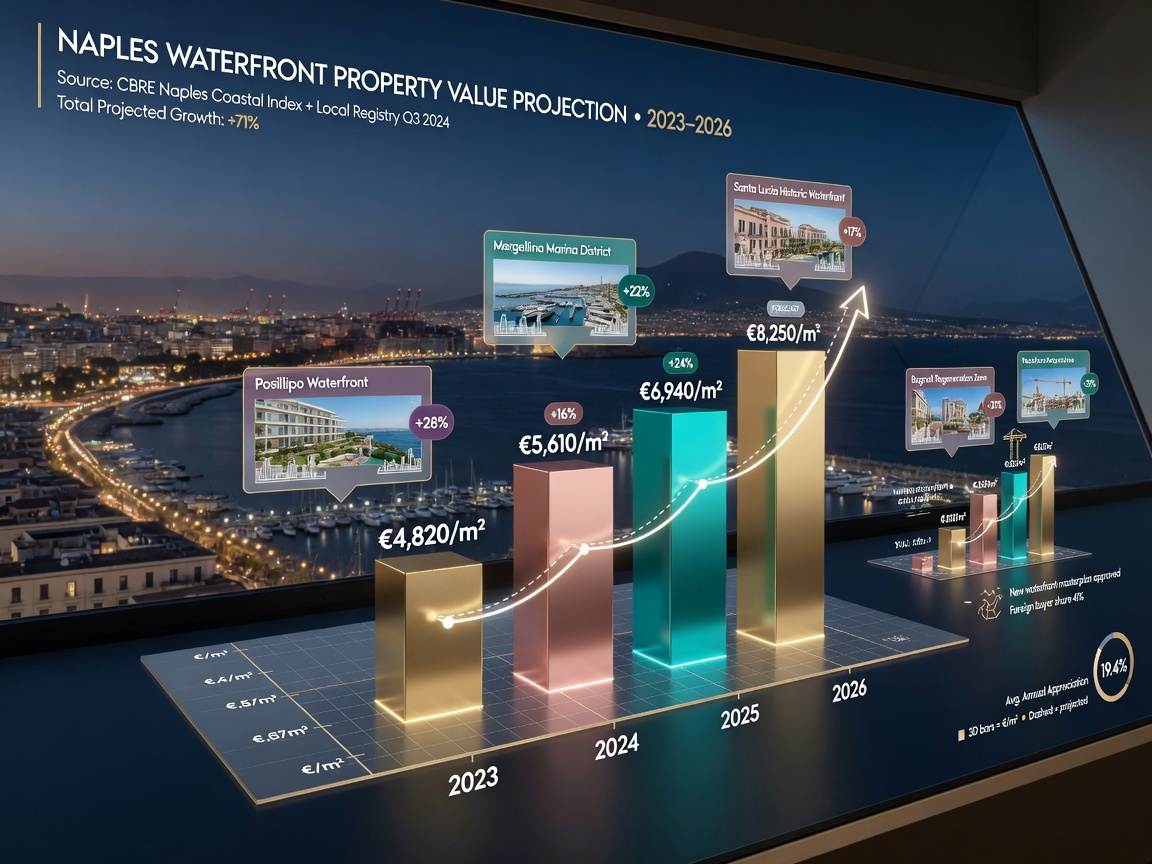 Ultra-realistic 8K visualization of projected Naples waterfront property value growth through 2026 with 3D bar graphs and community labels, clean financial dashboard style