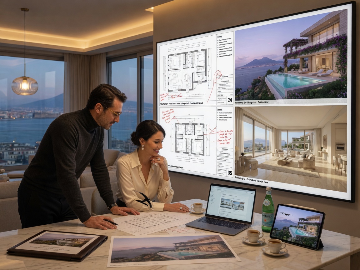 Ultra-realistic image of a sophisticated couple reviewing Naples luxury home floor plans and 3D renderings on a large screen