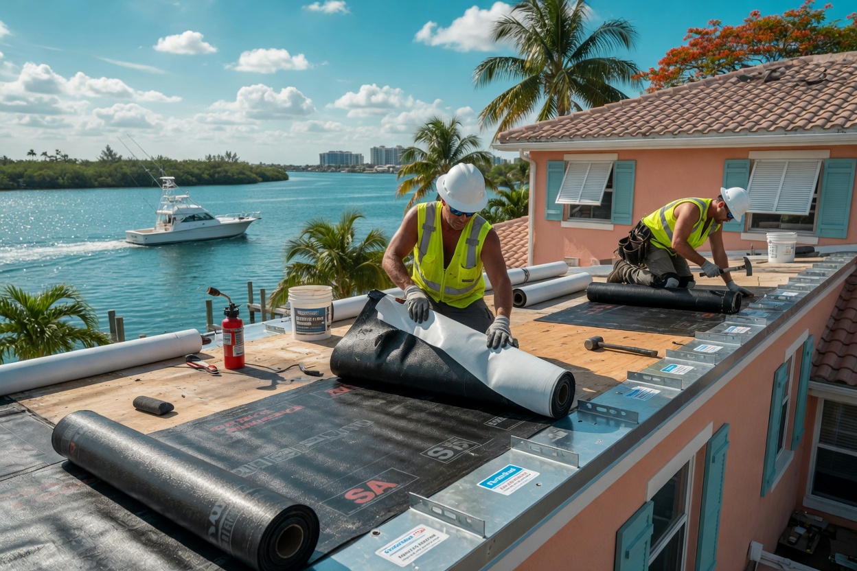 Construction crew installing self-adhering modified bitumen roof membrane with perimeter edge metal on a waterfront home in Southwest Florida, action shot 8K