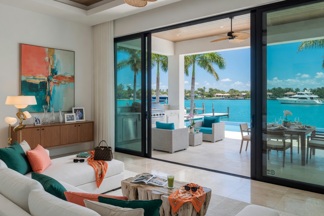 Ultra-detailed 8K image of a high-end waterfront estate interior in Naples Florida featuring hurricane impact glass doors opening to a spacious lanai