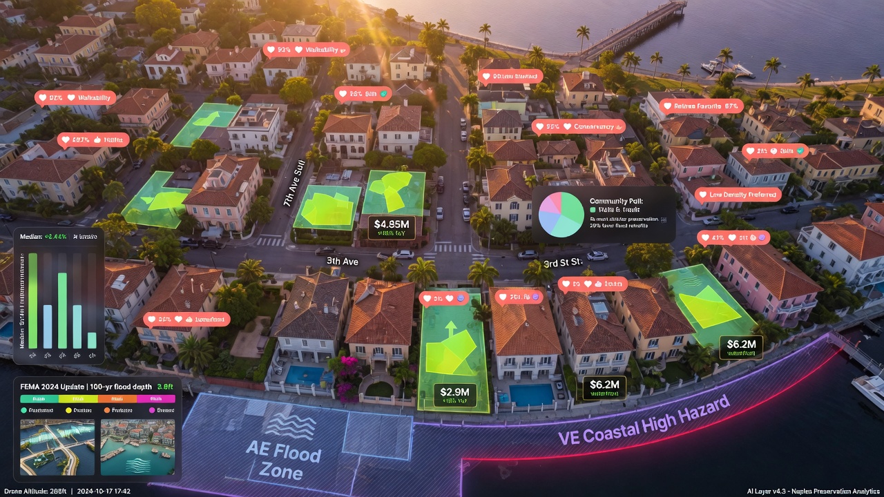 Aerial view of Old Naples historic district with AI analysis overlays highlighting property values, flood zones and community preferences, detailed 8K drone photography style