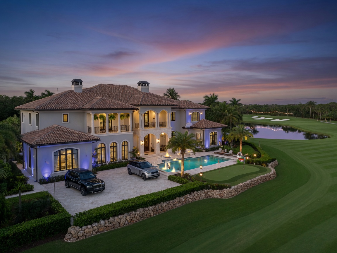8K realistic photograph of a luxury home exterior in Grey Oaks Naples with dramatic evening lighting and manicured golf course views
