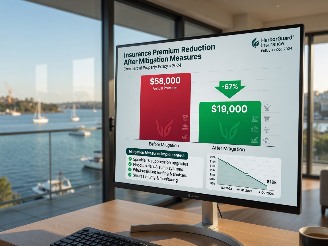 Graph visualization showing insurance premium reduction from $58,000 to $19,000 after implementing mitigation measures, displayed on modern monitor in waterfront home, realistic 8K