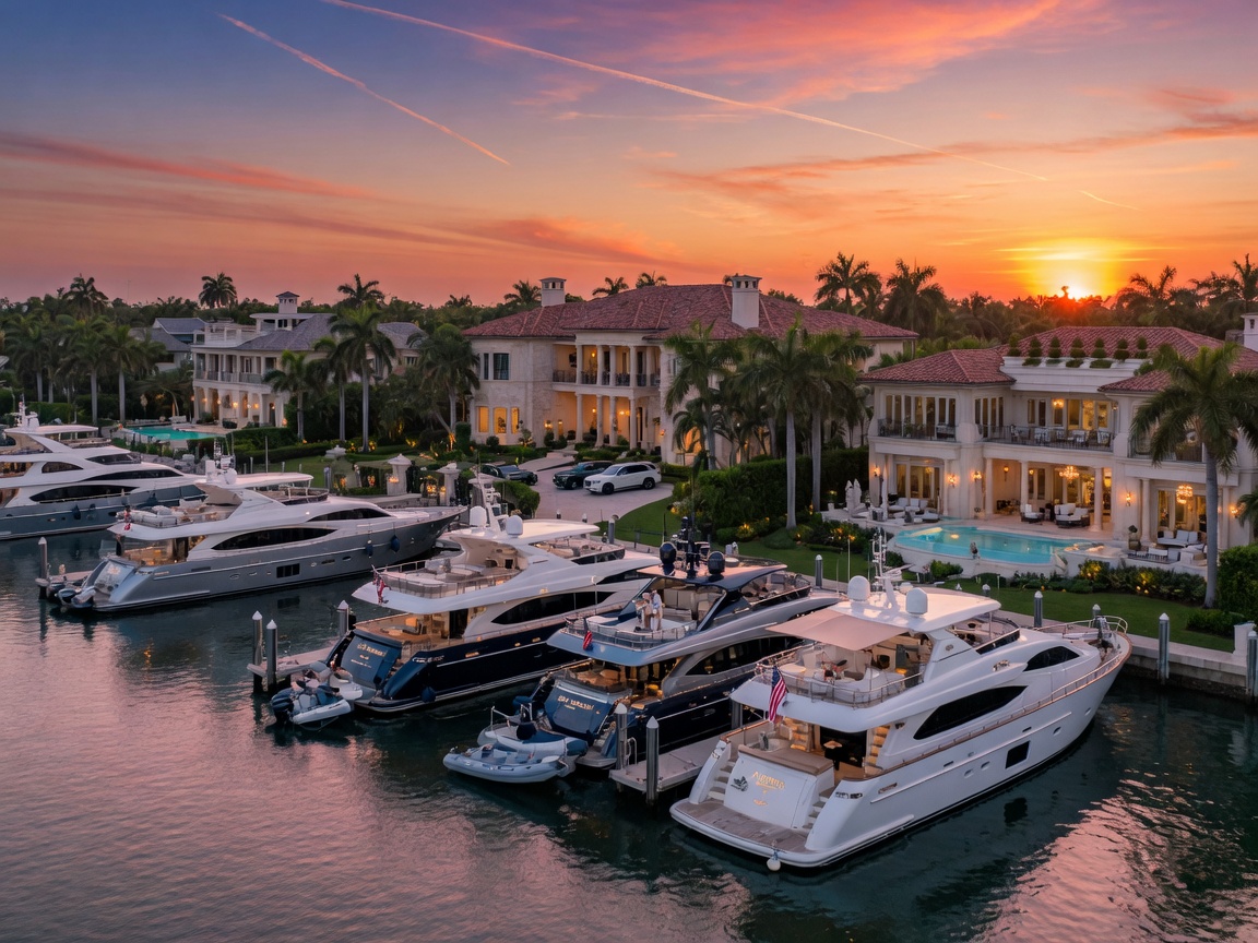Realistic 8K sunset photograph of luxury yachts docked behind multi-million dollar waterfront estates in Port Royal Naples Florida