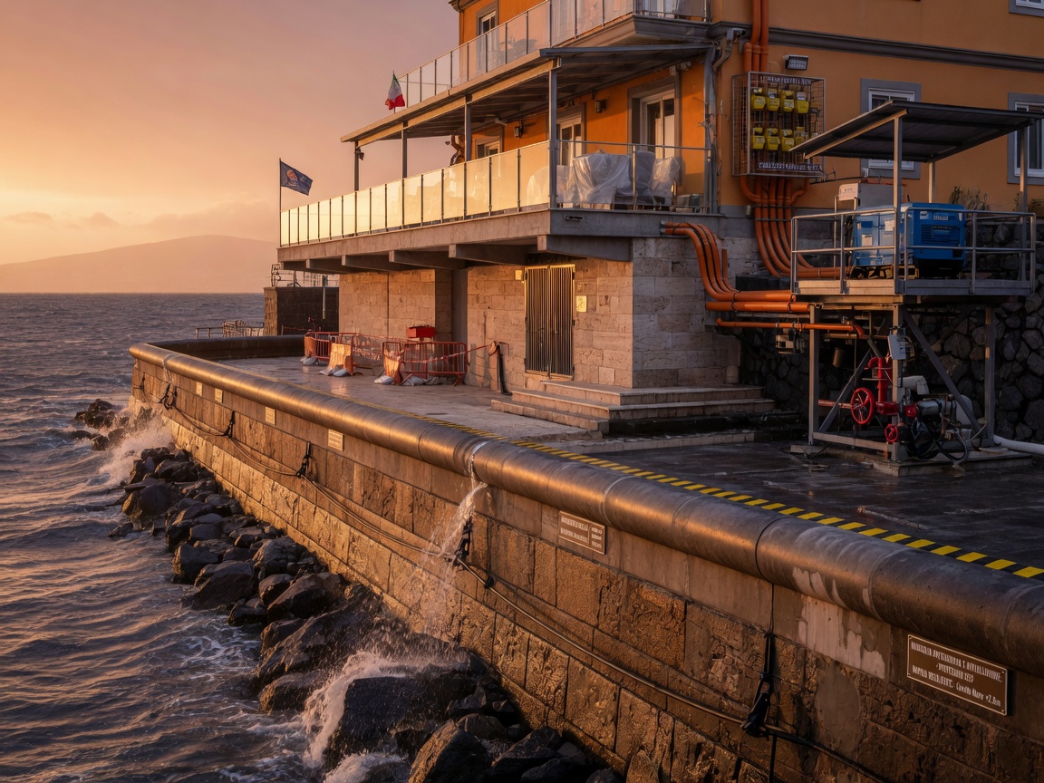 Ultra-realistic 8K image of storm surge protection measures on a Naples waterfront property including elevated utilities and reinforced sea wall during golden hour
