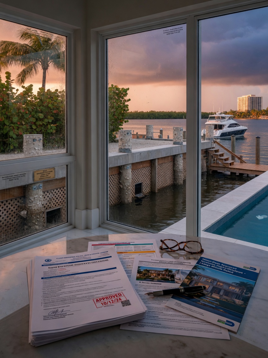 Hyper-realistic 8K image showing flood insurance documents hurricane impact windows and elevated foundation details of a Naples waterfront estate