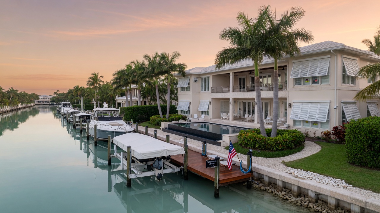 Panoramic ultra-realistic 8K image of calm morning on the water at a fully mitigated luxury waterfront estate in Pelican Bay Naples with visible storm shutters