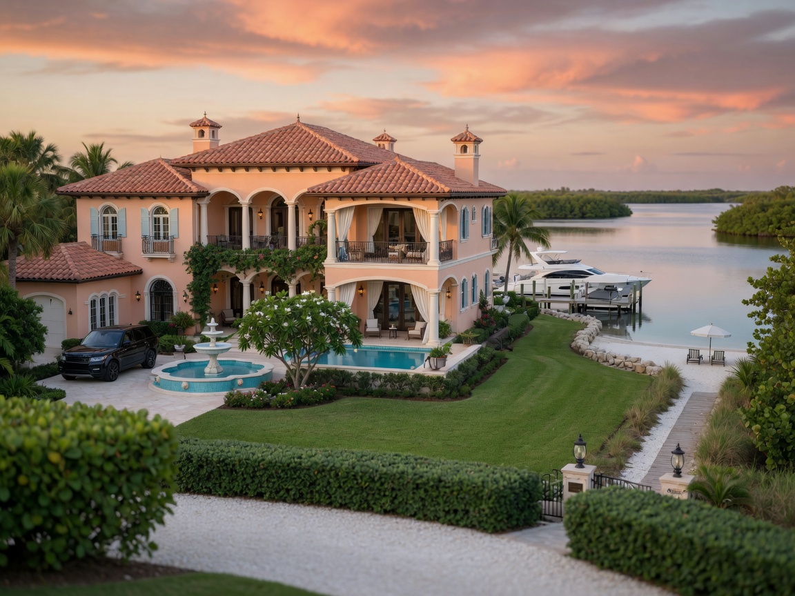 Professional 8K real estate photography of a Mediterranean-style luxury home in Coquina Sands Naples with pristine waterfront and private beach access
