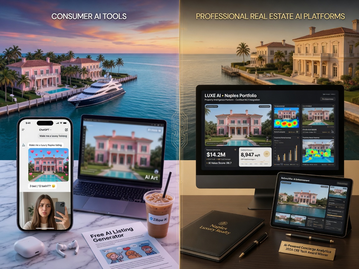 Professional contrast image showing consumer AI tools versus professional real estate AI platforms with Naples luxury properties in background, split composition, 8K ultra realistic