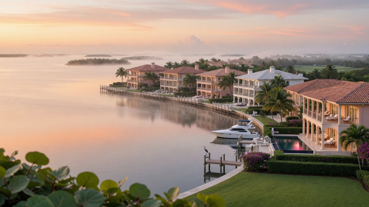Ultra-realistic 8K wide panoramic shot of Pelican Bay waterfront condominiums and single family estates at sunrise with mist over the water, peaceful and luxurious atmosphere