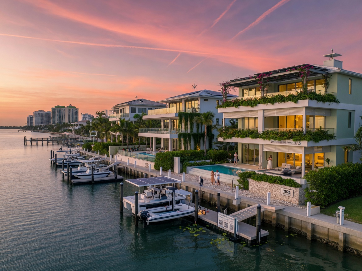 Ultra-realistic 8K future concept image showing climate-resilient luxury waterfront estates in Naples Florida projected for 2026 with modern sustainable design