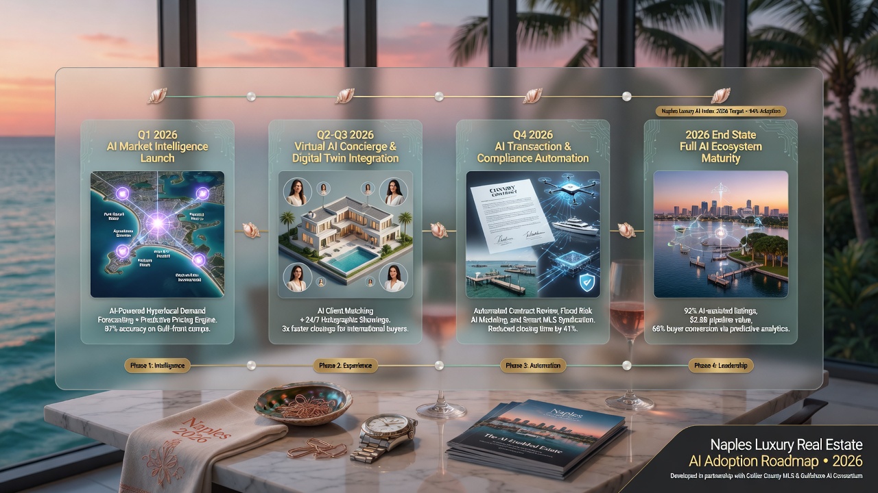 2026 strategic roadmap visualization for AI adoption in Naples Florida luxury real estate market, elegant timeline with coastal aesthetic elements, photorealistic 8K image