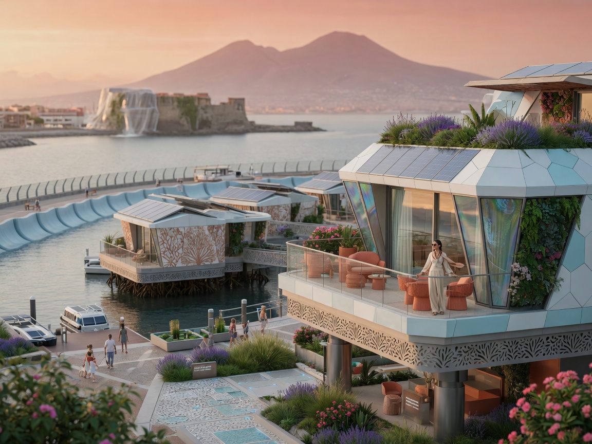 Ultra-realistic 8K futuristic concept image showing 2026 Naples waterfront community with climate adaptive architecture, modern resilient homes, and sustainable landscaping, photorealistic