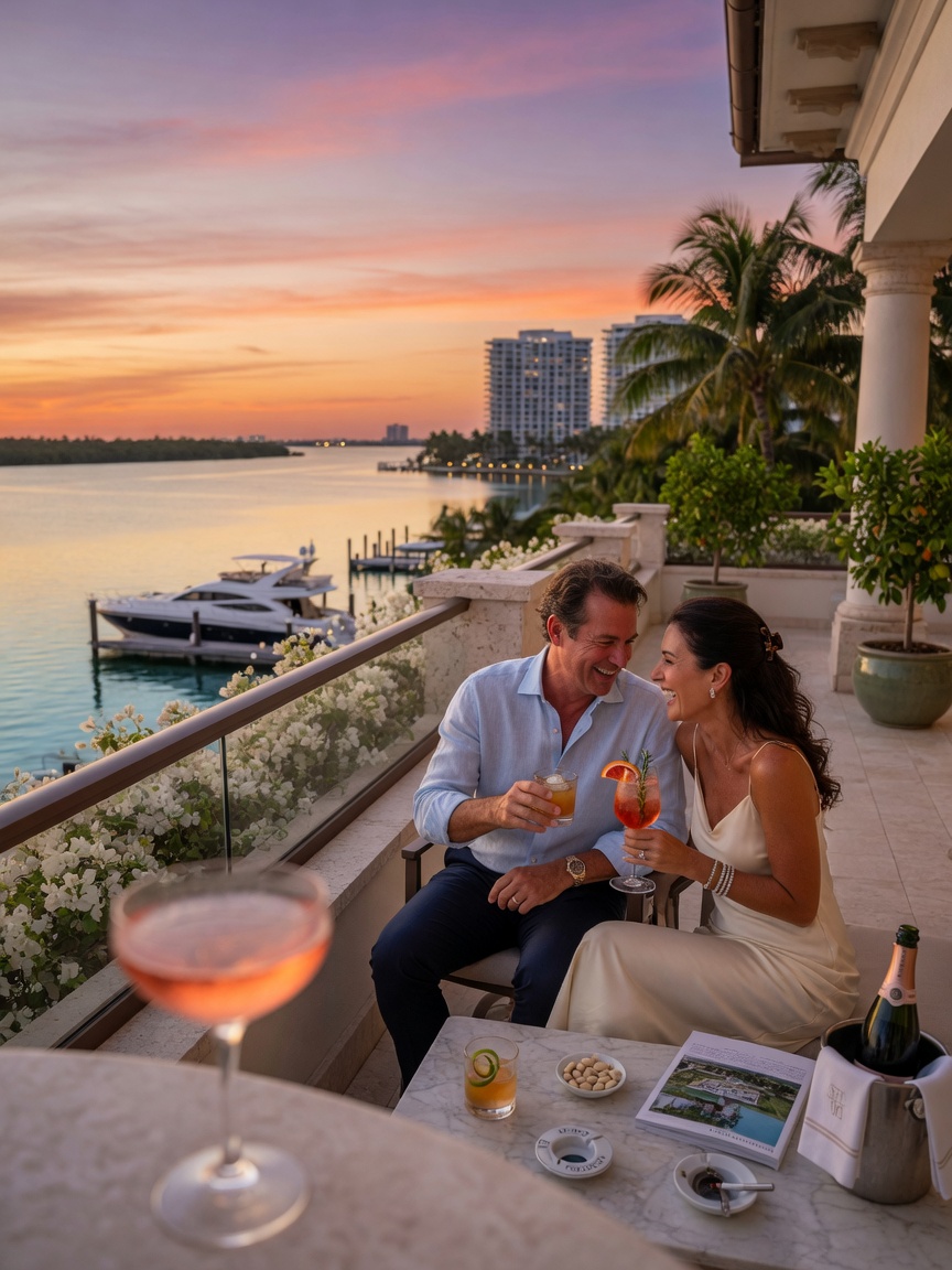 Ultra-realistic 8K lifestyle photograph of affluent homeowners enjoying sunset cocktails on the terrace of their Naples Florida luxury waterfront residence