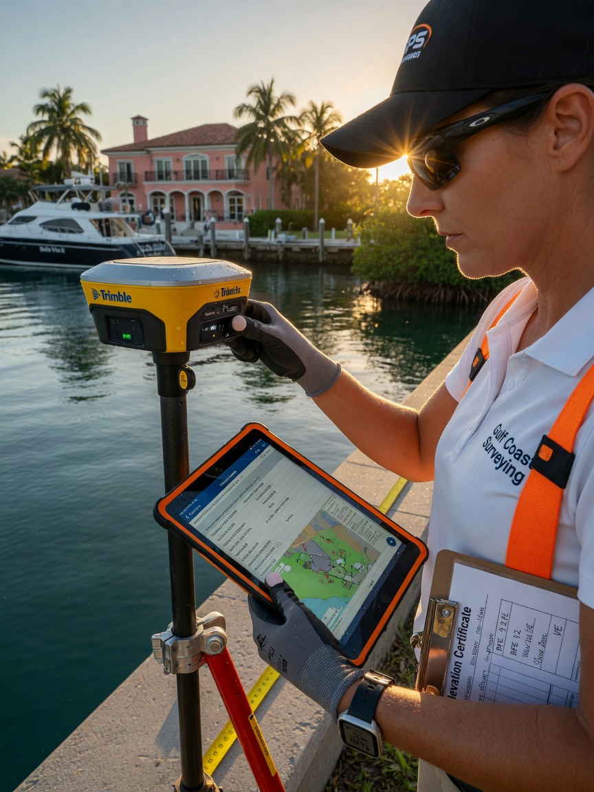 Close-up technical shot of a surveyor taking precise elevation certificate measurements on a Naples waterfront property using modern GPS equipment, realistic 8K detail