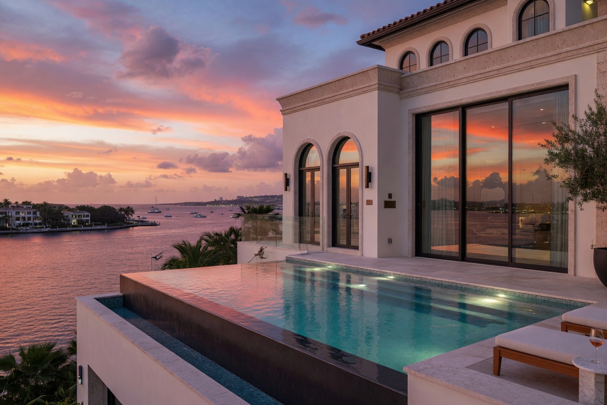 8K close-up of a modern Mediterranean luxury waterfront mansion in Port Royal Naples with infinity pool overlooking the bay, dramatic sunset, ultra detailed