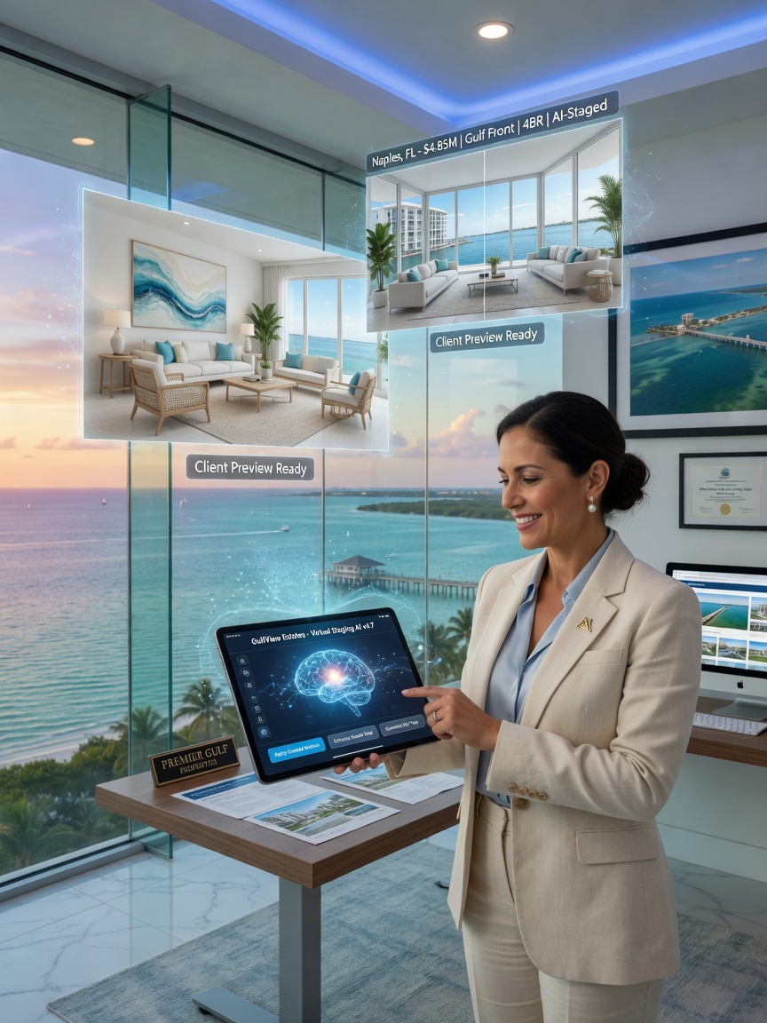 Professional Naples Florida real estate agent using AI tablet interface in a modern office overlooking the Gulf of Mexico, virtual staging holograms floating above, 8K photorealistic, sharp focus