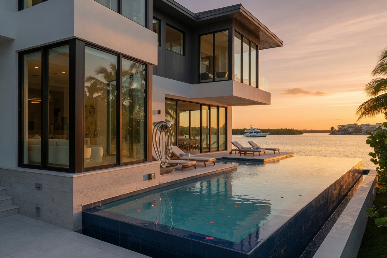 Ultra-realistic 8K close-up of modern waterfront home in Park Shore Naples with impact-resistant windows, elevated foundation, and pristine infinity pool overlooking the bay, golden sunlight, architectural photography