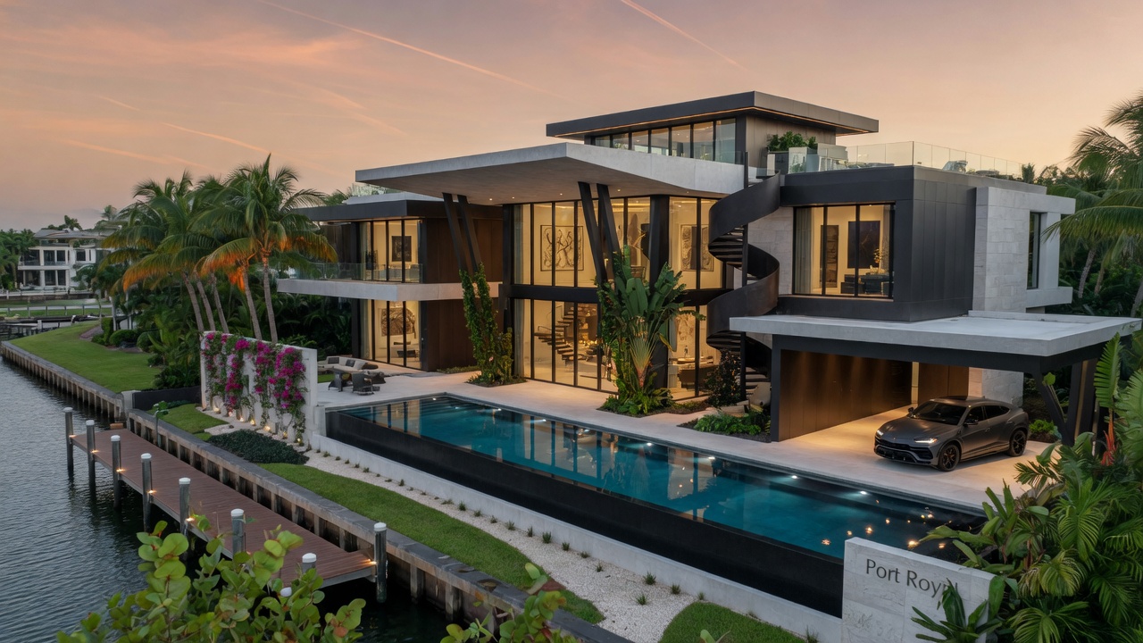8K cinematic view of a multi-million dollar modern luxury home in Port Royal Naples FL featuring dramatic contemporary architecture and lush tropical landscaping