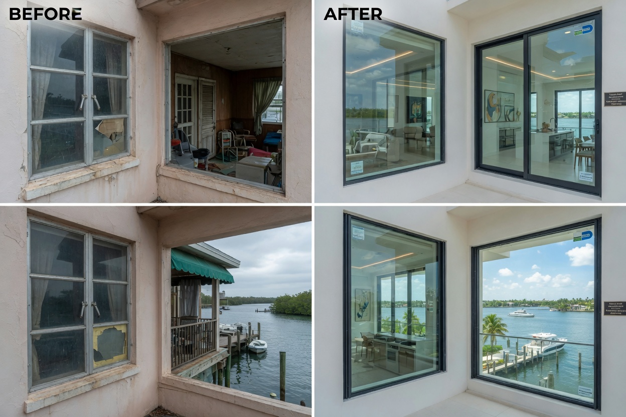 Before-and-after split image showing outdated single-pane windows versus new large missile impact-rated windows on a modern Naples waterfront home, photorealistic 8K