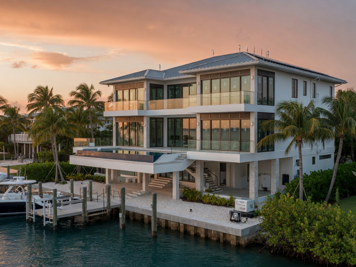 Ultra-realistic 8K image of a sophisticated Naples Florida waterfront estate with impact-resistant glass, elevated design, and hurricane fortified construction features visible