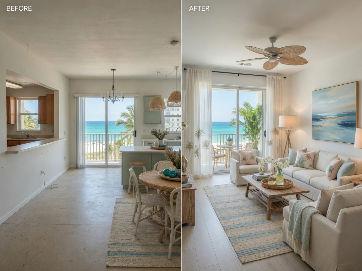 Before and after virtual staging of an empty Naples beachfront condo transformed into luxurious coastal contemporary interior with light breezy furnishings, split screen comparison, 8K ultra realistic
