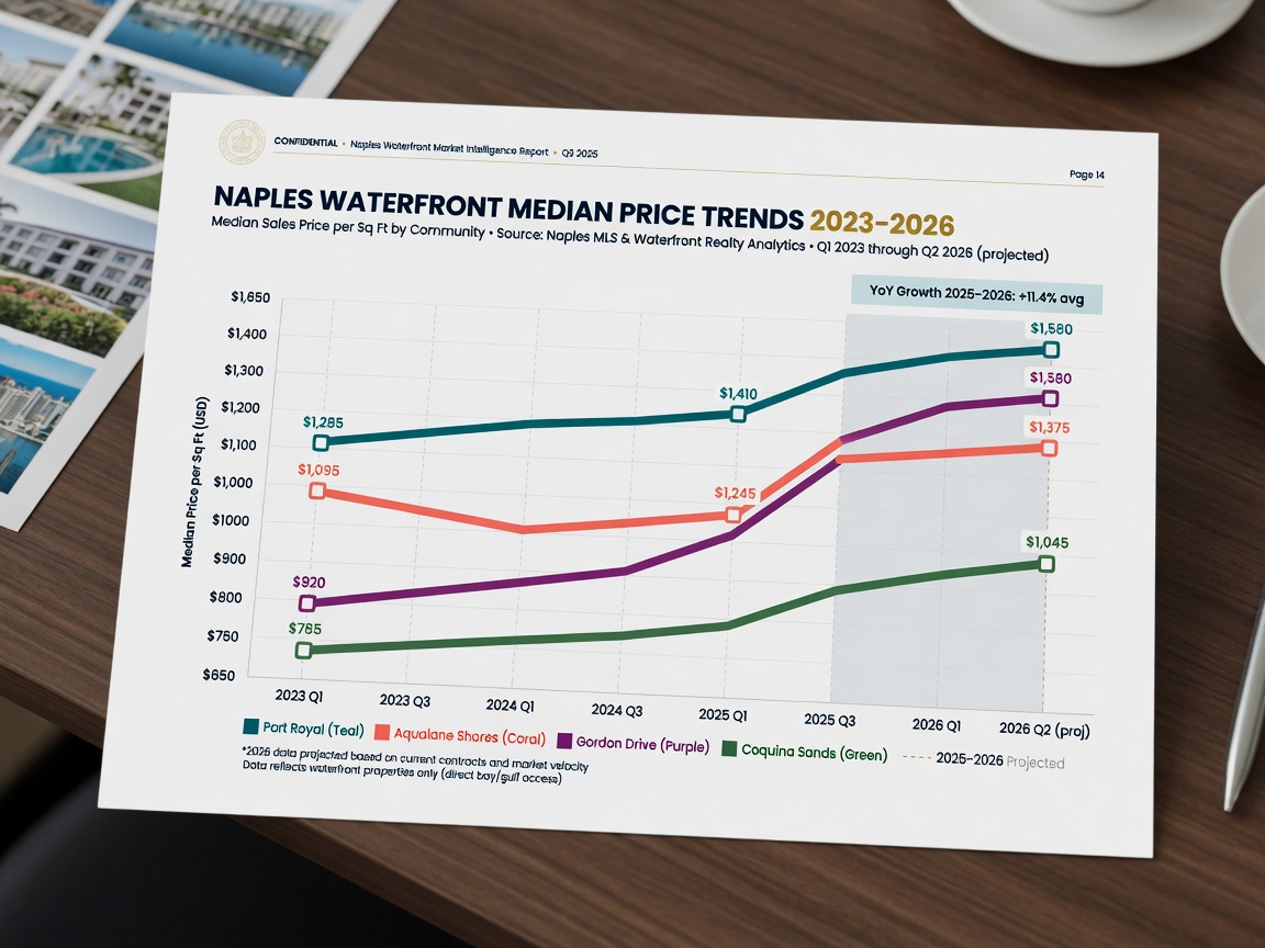 Ultra-realistic 8K data visualization chart showing Naples waterfront median price trends from 2023 to 2026 with multiple community lines in different colors, professional financial report style, clean design