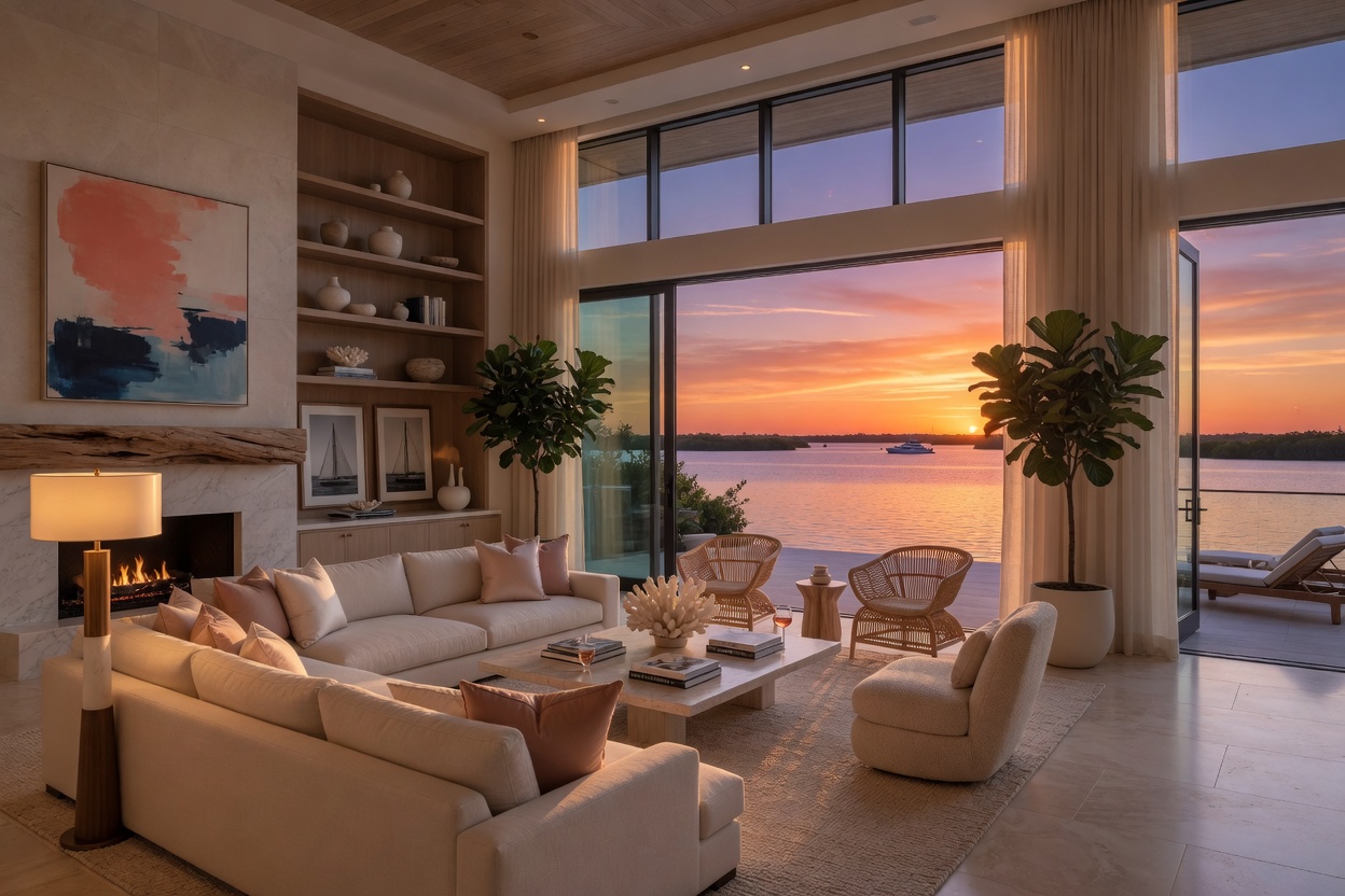 Hyper-realistic interior shot of an elegant Naples Florida luxury home great room with floor-to-ceiling windows overlooking a pristine bay at sunset