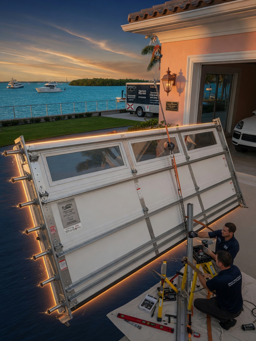 Ultra-detailed 8K image of professional installation of high-velocity hurricane zone garage door with multi-point locking system on a waterfront estate in Marco Island