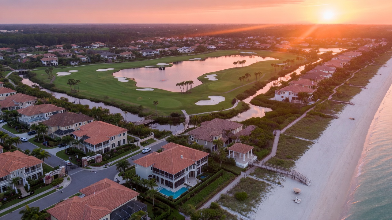 Cinematic 8K aerial view of Pelican Bay gated community in Naples Florida showing luxury homes, golf course, and pristine beach access at sunrise