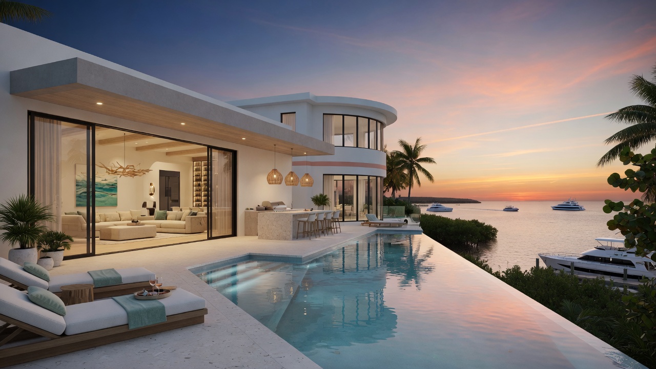 AI generated renovation preview of dated 1980s Naples home transformed into modern coastal estate with infinity pool overlooking the bay, photorealistic 8K rendering