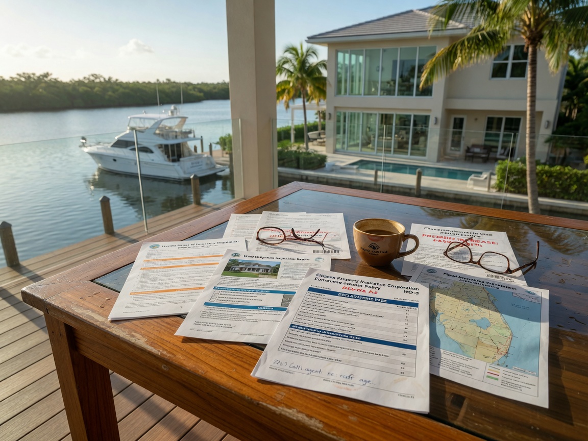Ultra-realistic 8K image of Florida homeowners insurance documents and policies spread on a luxury teak waterfront table with coffee, modern Naples home in background, natural light, detail rich