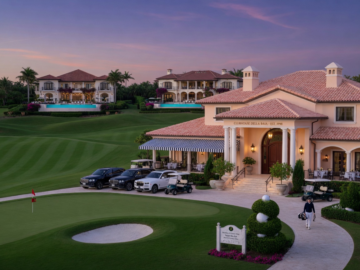 Ultra-detailed 8K image of a prestigious Naples golf community clubhouse surrounded by perfectly manicured fairways and luxury villas at twilight