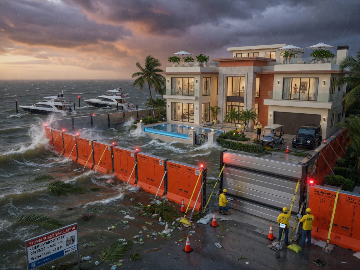 Photorealistic 8K rendering of engineered deployable flood barriers installed around a luxury Naples waterfront residence during a simulated storm surge event