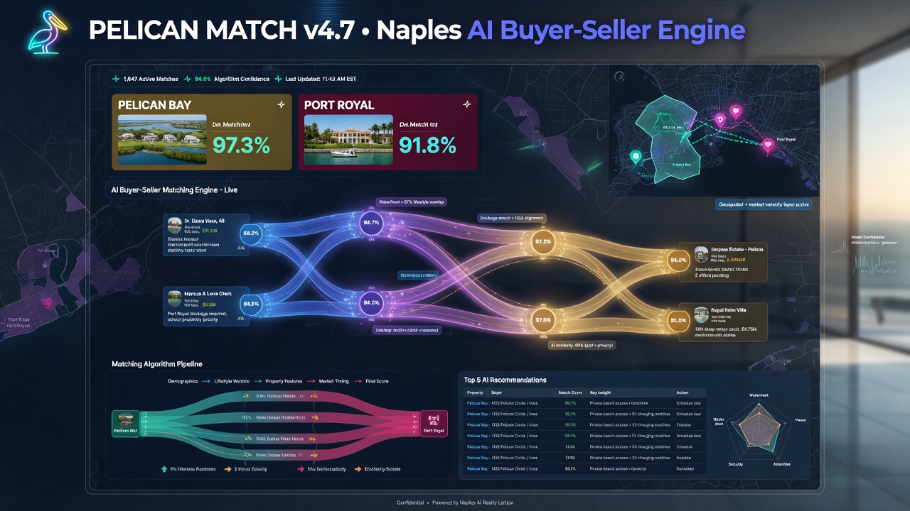 Sophisticated data visualization dashboard showing AI buyer-seller matching algorithms for Pelican Bay and Port Royal communities, Naples Florida real estate, futuristic interface, 8K detail