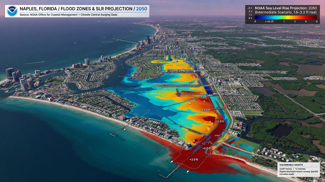Ultra-realistic 8K aerial view of Naples Florida flood zones and sea level rise projection overlay on real satellite imagery, scientific data visualization style, informative and detailed