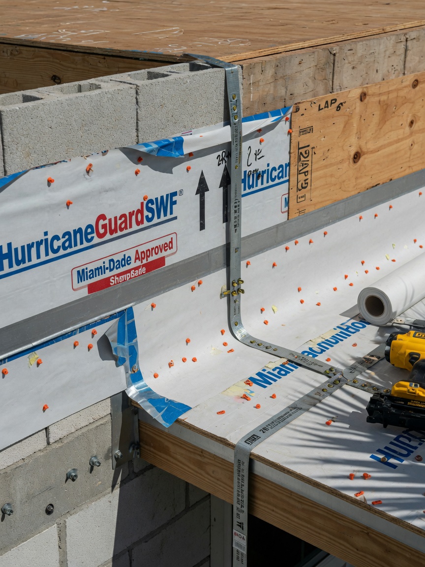 Technical close-up of roof-to-wall hurricane strapping and secondary water barrier installation on a coastal home roof in Southwest Florida, 8K resolution