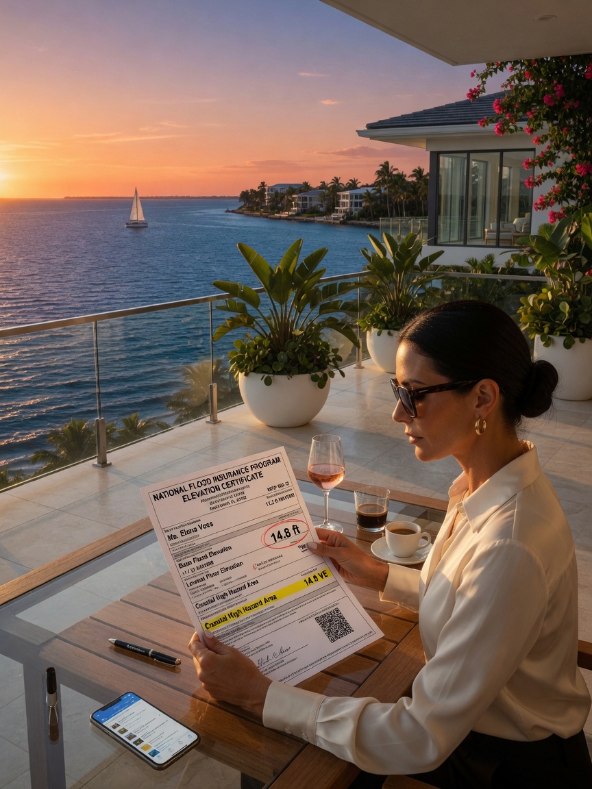 8K realistic image showing flood elevation certificate being reviewed by a luxury home buyer on a Naples waterfront terrace with ocean view