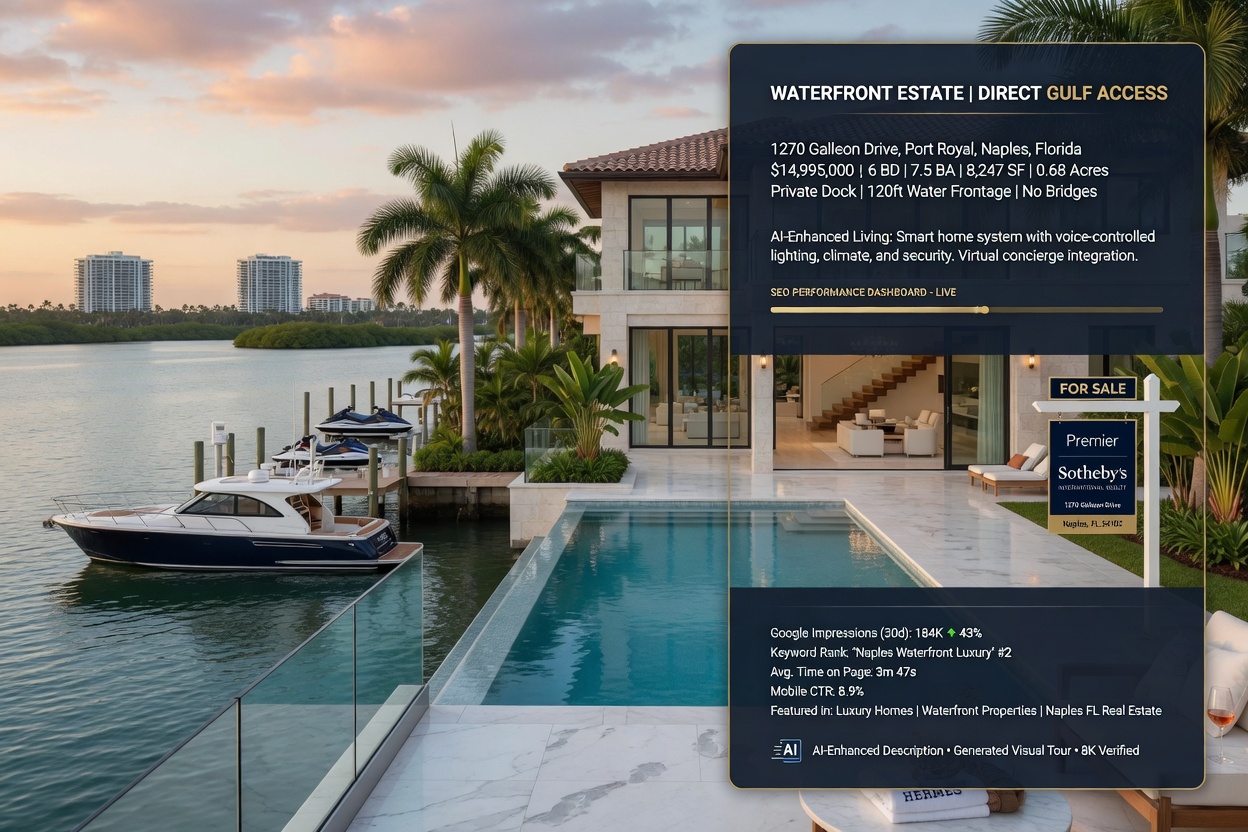 Luxury Naples Florida waterfront property listing with AI-enhanced description overlay and SEO performance metrics, professional real estate photography style, 8K resolution