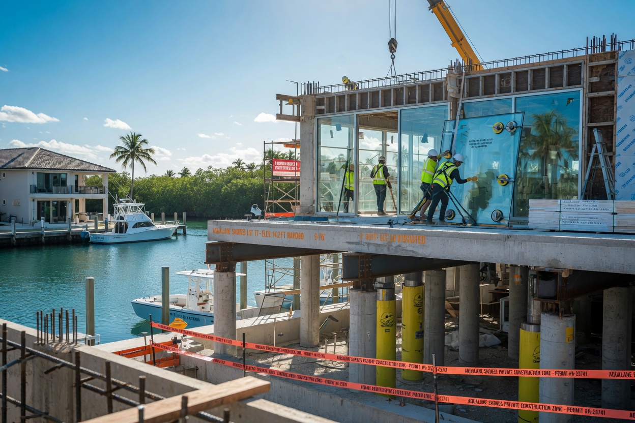 Ultra-realistic 8K photograph of resilient waterfront construction in progress in Aqualane Shores Naples, showing elevated concrete pilings, impact glass installation, and storm-resistant materials, bright daylight