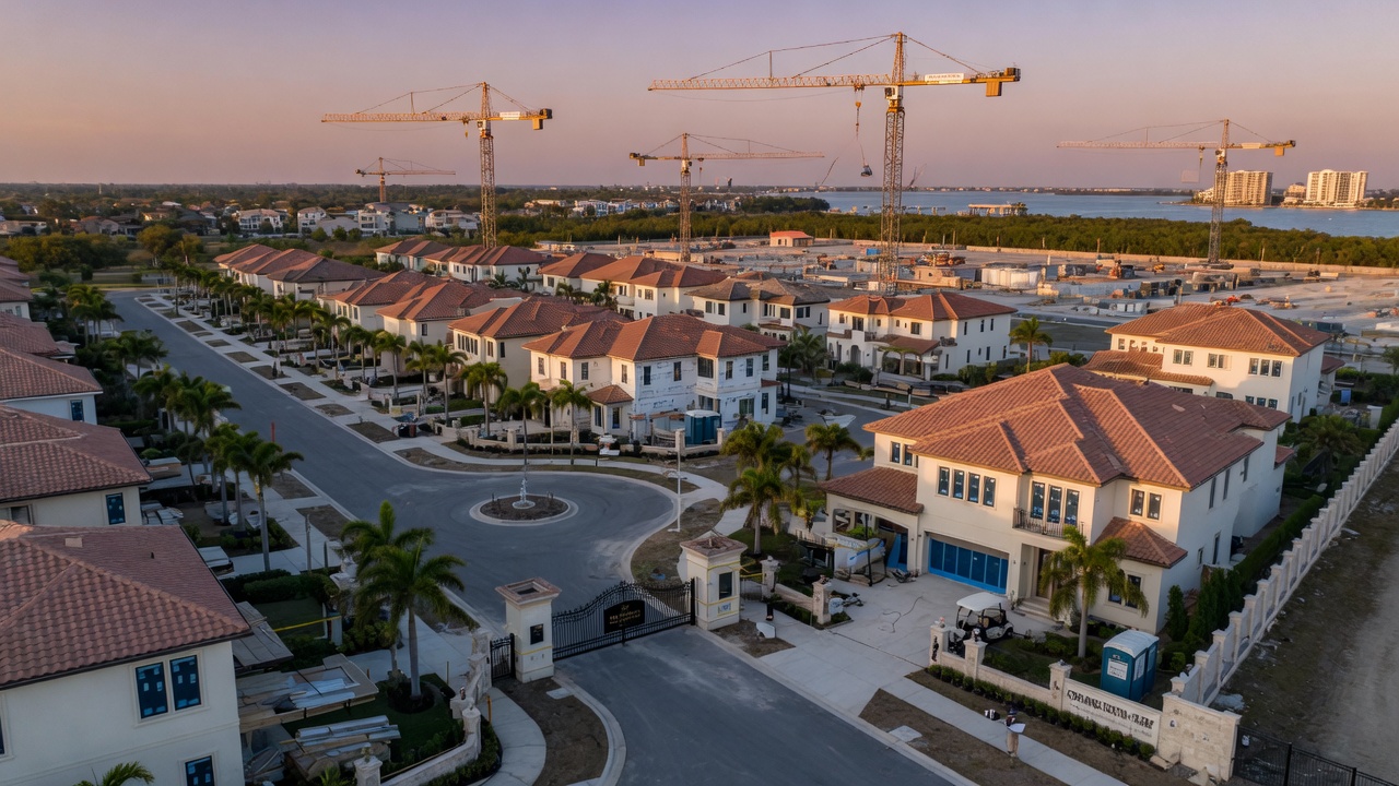 8K aerial perspective of new luxury construction homes in a gated Naples Florida community with construction cranes visible in the distance
