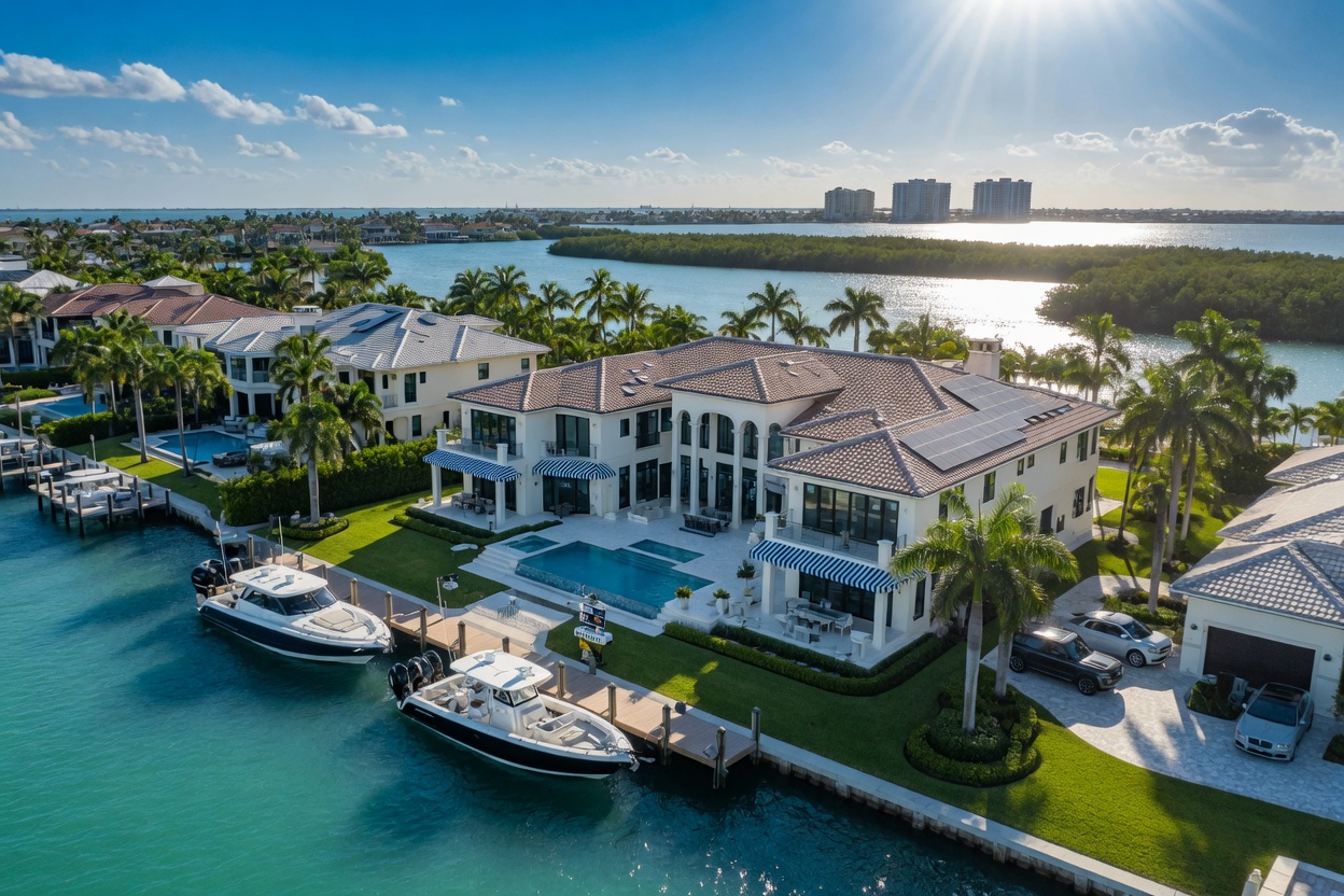 Aerial view of a Marco Island waterfront mansion with new impact glass windows and reinforced roof, sunny Florida day, ultra-realistic 8K photography