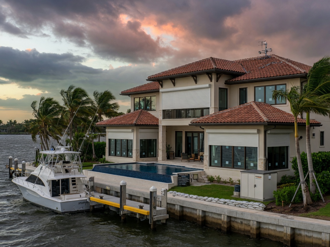 Ultra-realistic 8K rendering of a hurricane-hardened luxury waterfront home in Naples with impact windows, fortified roof, and storm shutters