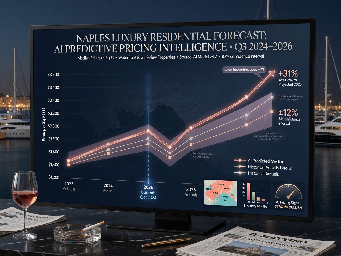 Hyper-realistic image of AI predictive pricing intelligence graph showing Naples luxury home values through 2026 with market trend lines, elegant financial visualization, 8K