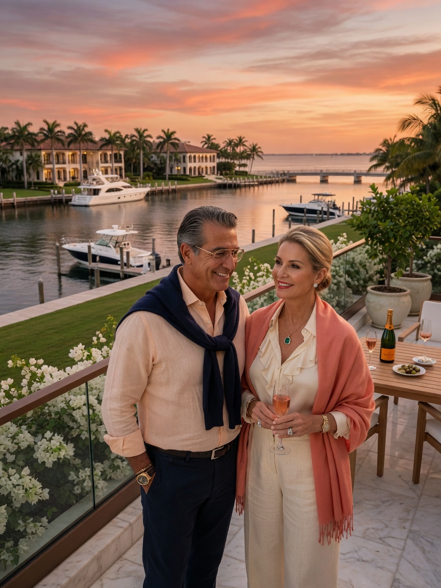 Ultra-realistic 8K portrait of affluent 55-year-old couple standing on luxury Naples waterfront terrace with Bay Colony in background, sophisticated casual attire, warm sunset lighting
