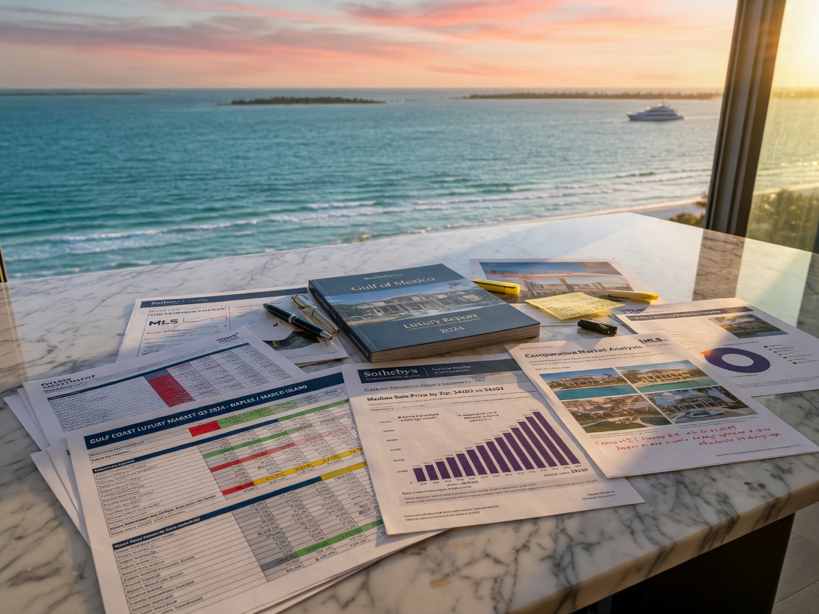 Hyper-realistic close-up of luxury home price analysis documents spreadsheets and market reports laid on a marble table with the Gulf of Mexico in background