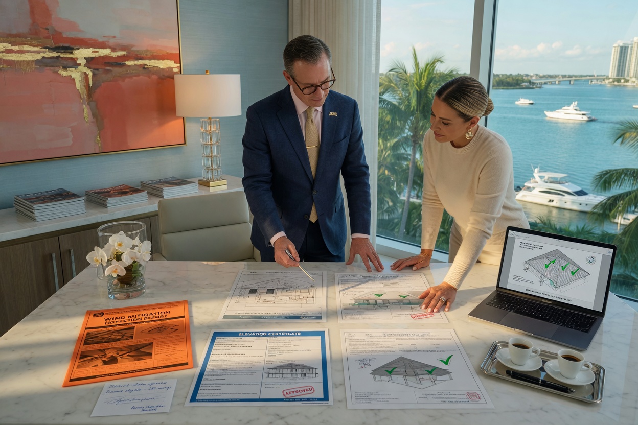 Insurance agent and homeowner reviewing wind mitigation inspection documents and elevation certificates at a luxury Naples Bay home office, realistic 8K
