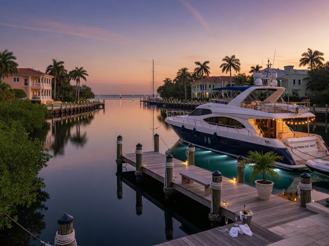 Cinematic 8K image of a private deep-water dock with luxury yacht in Moorings neighborhood Naples Florida during a perfect calm evening
