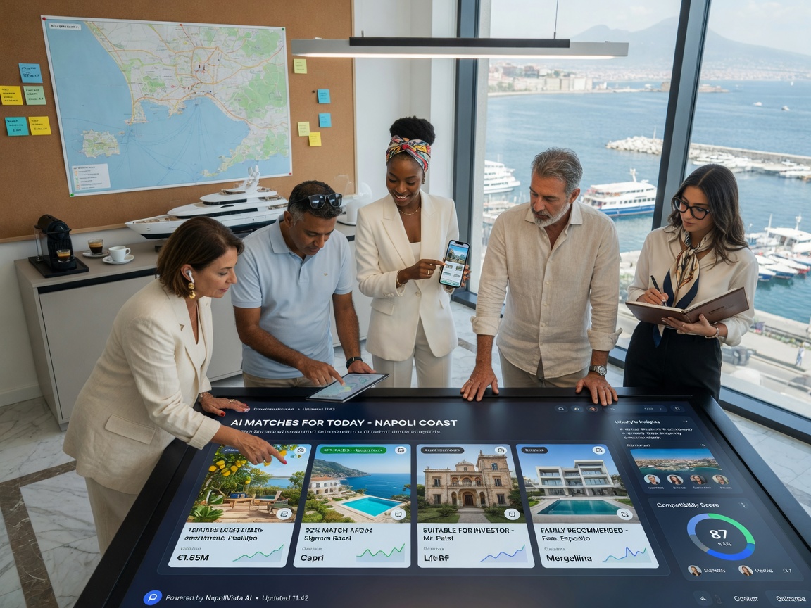 Diverse group of Naples real estate clients reviewing personalized AI property recommendations on large touchscreen in waterfront office, natural light, photorealistic 8K