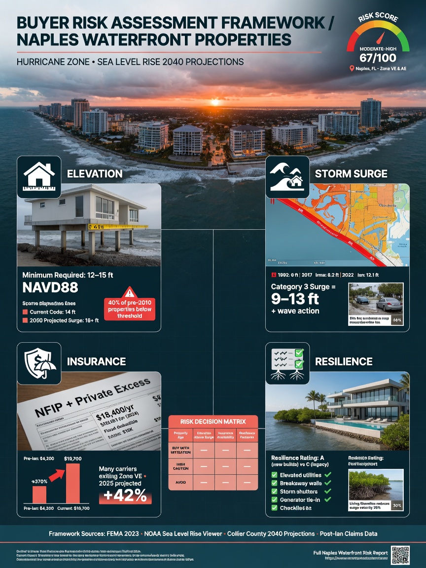 Ultra-realistic 8K infographic showing buyer risk assessment framework for Naples waterfront properties, professional clean design with icons for elevation, insurance, resilience, and storm surge